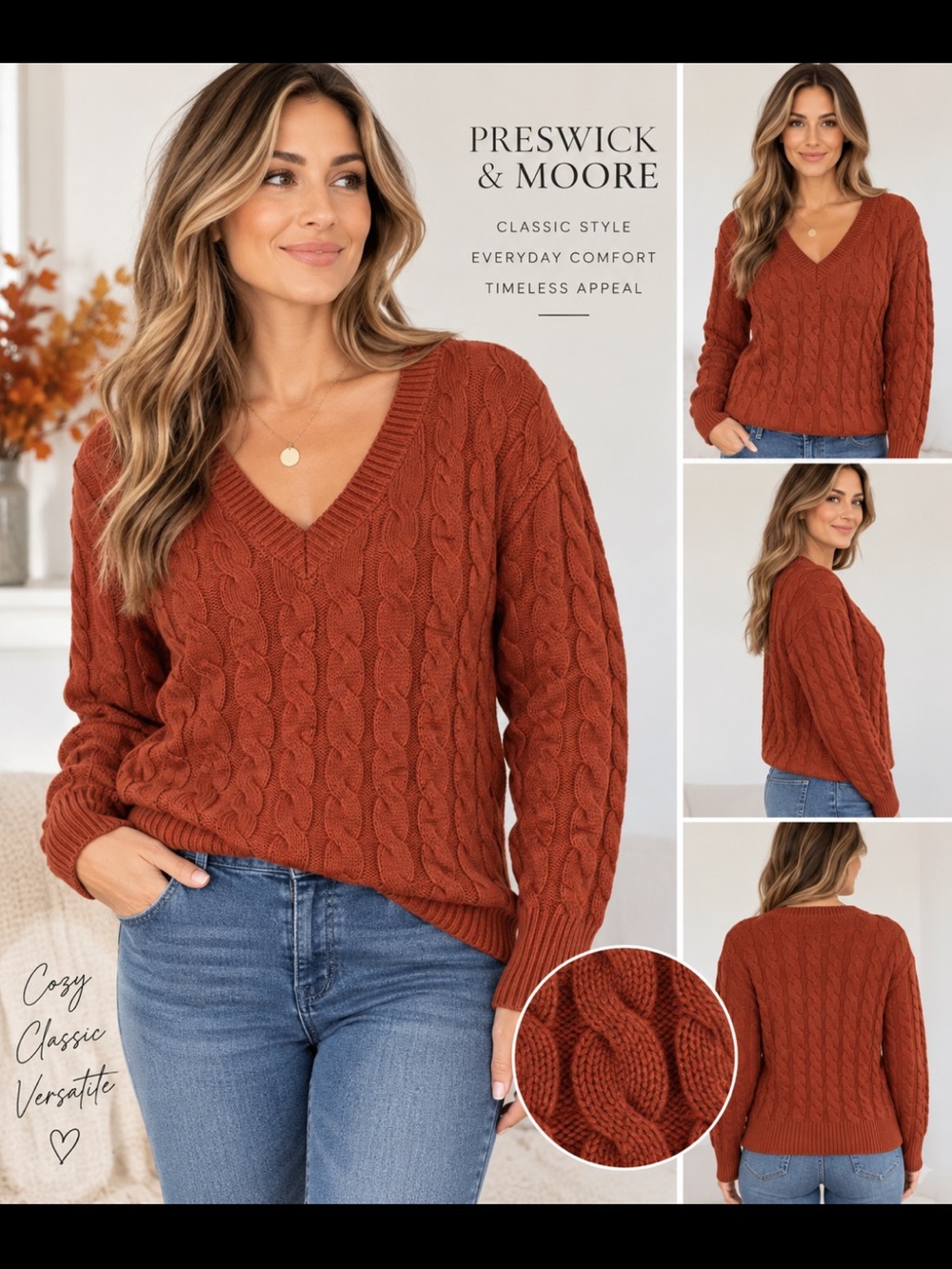 Preswick & Moore Rust Cable Knit V-Neck Sweater L Cozy Fall Preppy